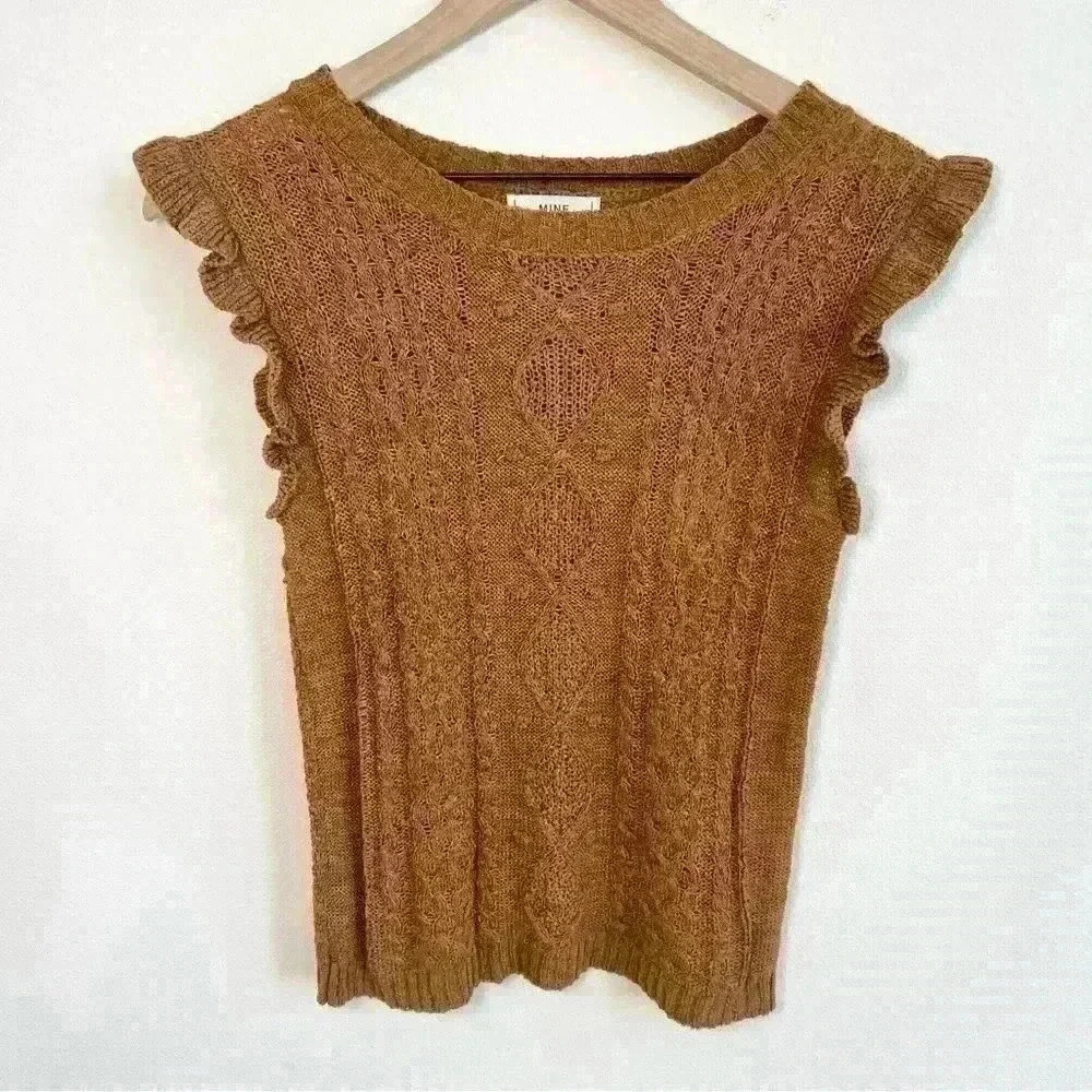 MINE Cable Knit Ruffle Sleeve Brown Sleeveless Sweater Size Medium